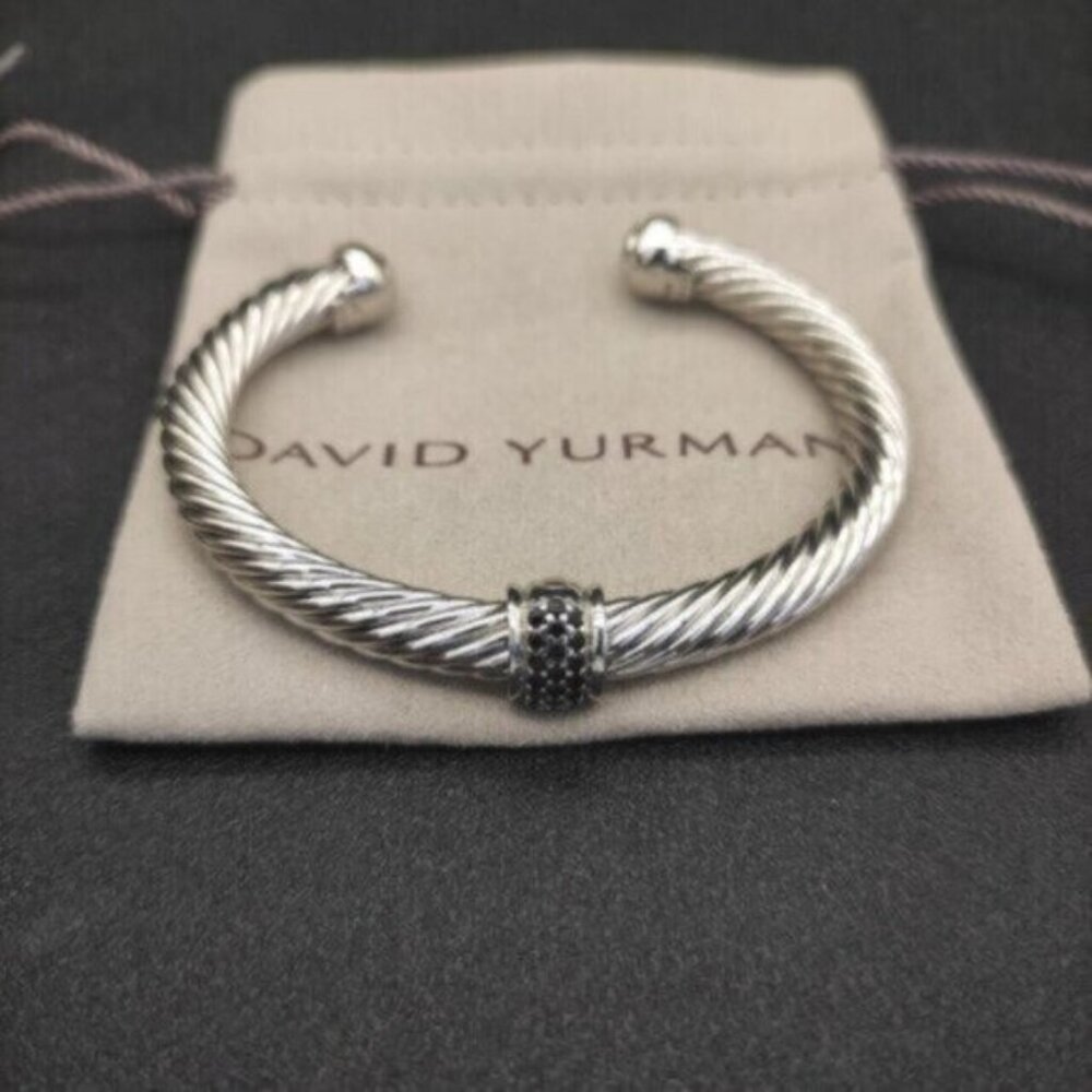 David Yurman Sterling Silver 7mm Pave Black Diamond Cable Cuff Bracelet M